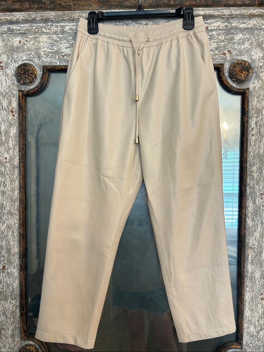 Women's Beige Drawstring Leather Joggers